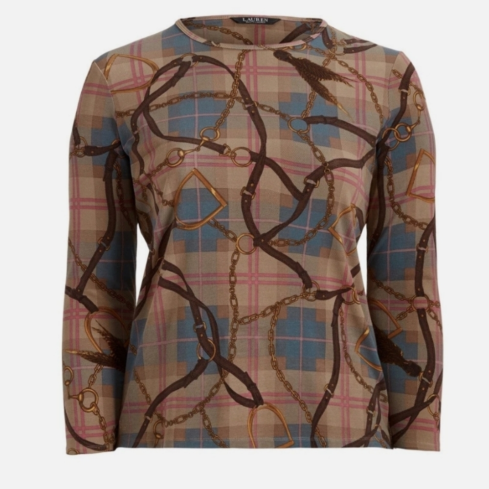 Lauren Ralph Lauren Plaid & Chain-Print Long-Sleeve Top - Beige Blue Pink